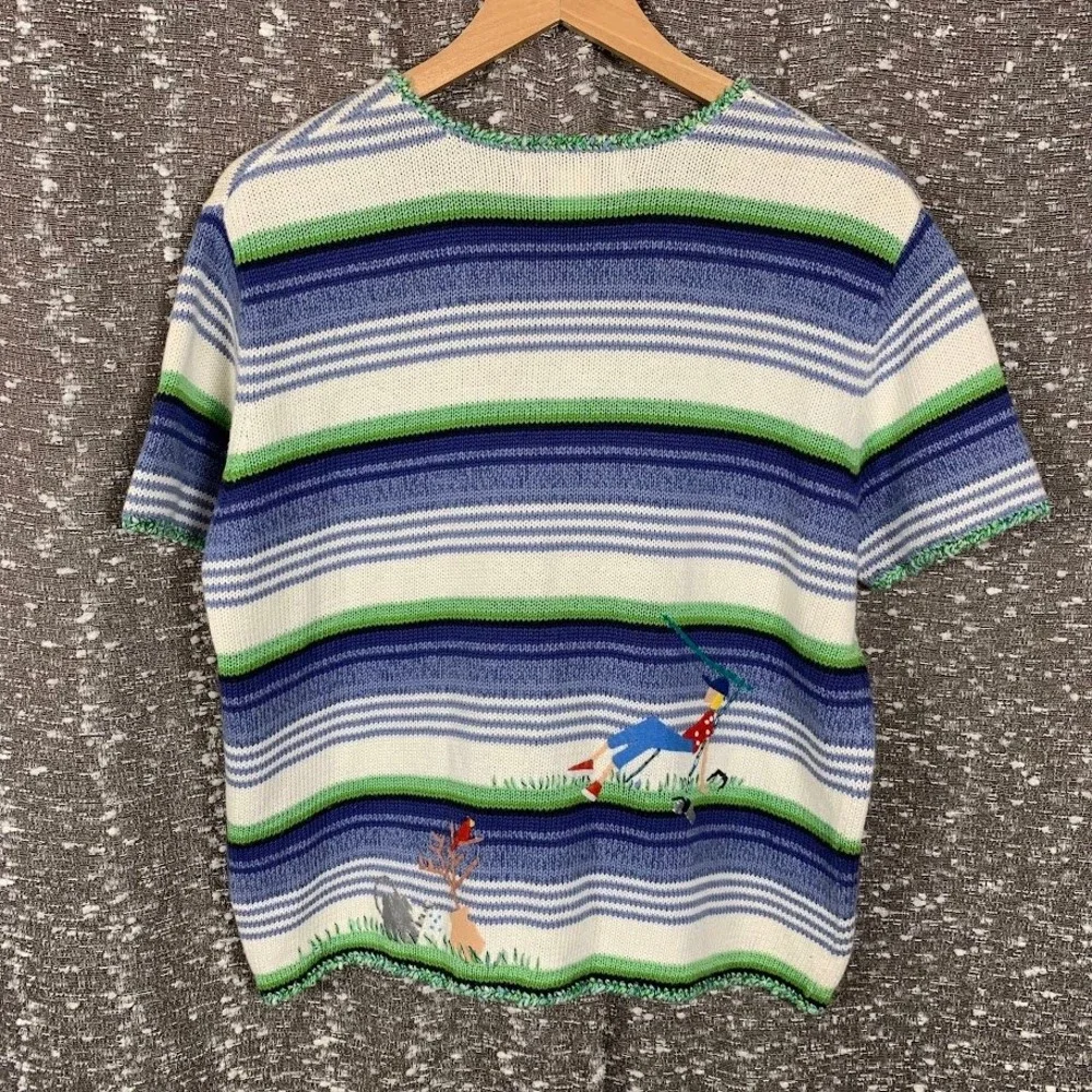 Susan Bristol Womens Short Sleeve Garden Embroidered Cardigan Blue Size M